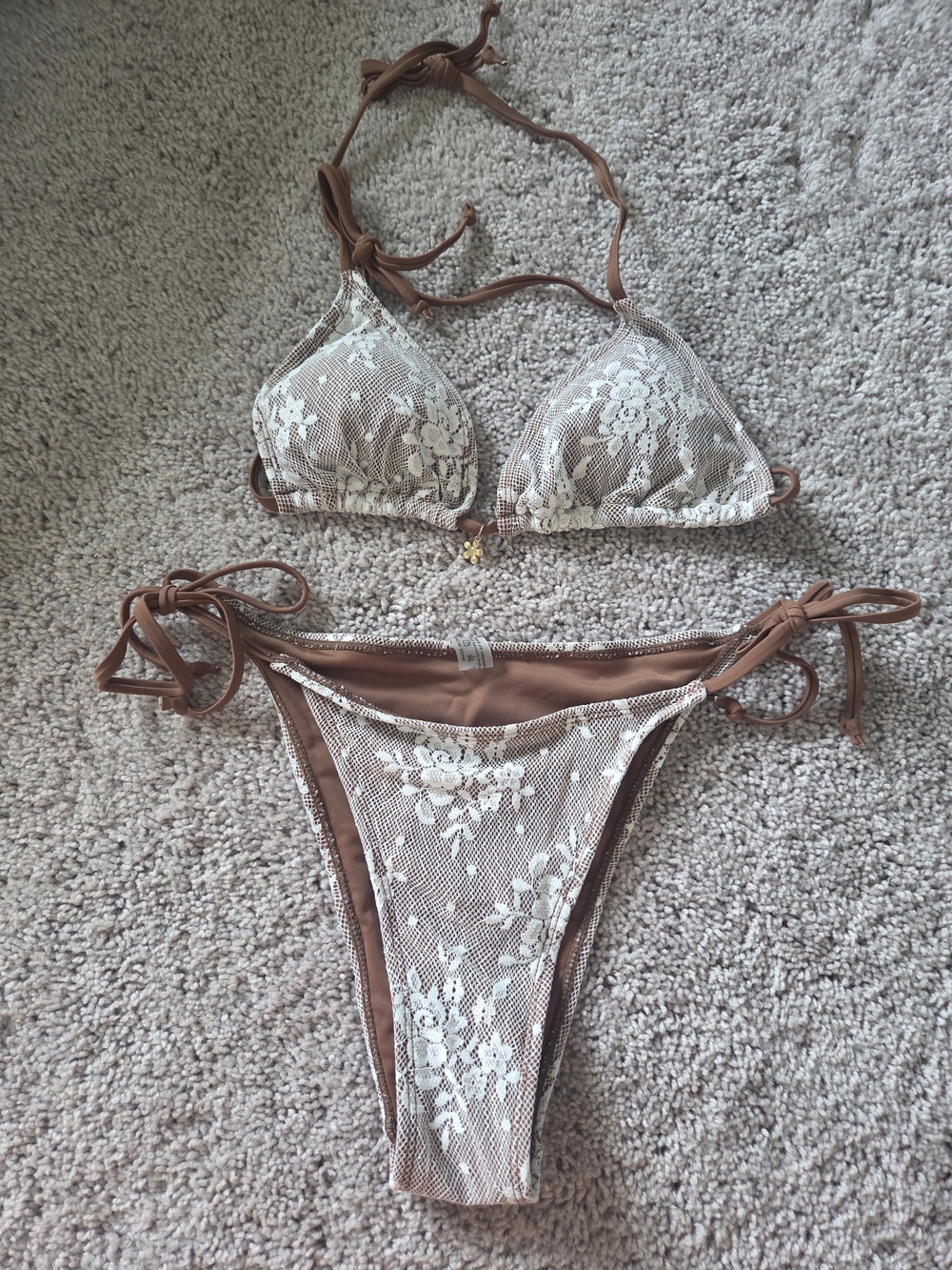Brown and White Lace Triangle Bikini Set